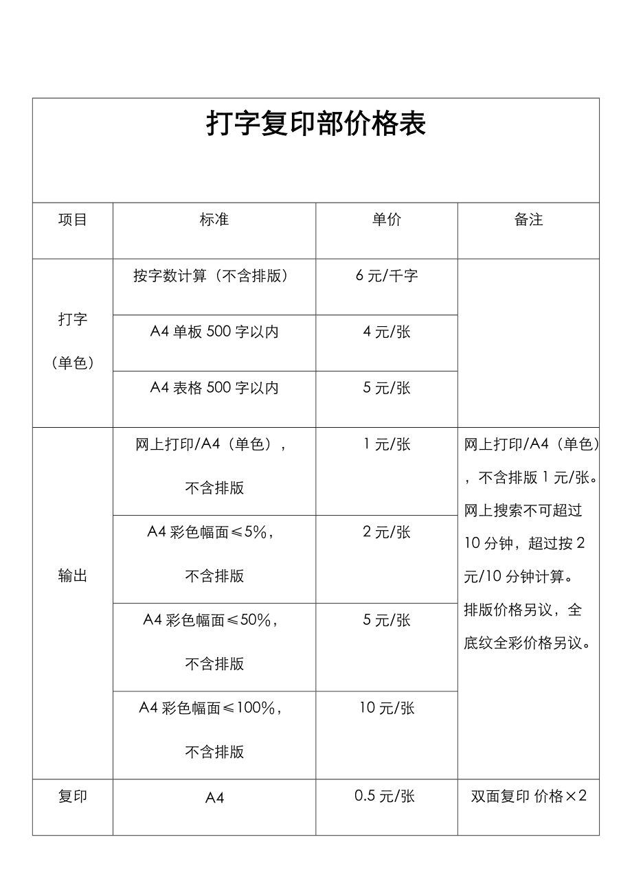 复印打字收费标准